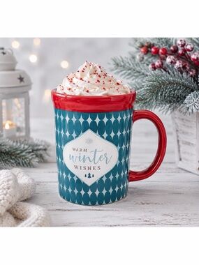 (NWOT) DESIGN PAC • Red/Teal Warm Winter Wishes Christmas Holiday Mug
